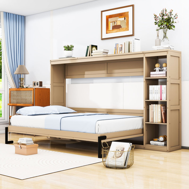 Lit escamotable en bois peu encombrant avec tablettes de rangement latérales, Naturel, Double