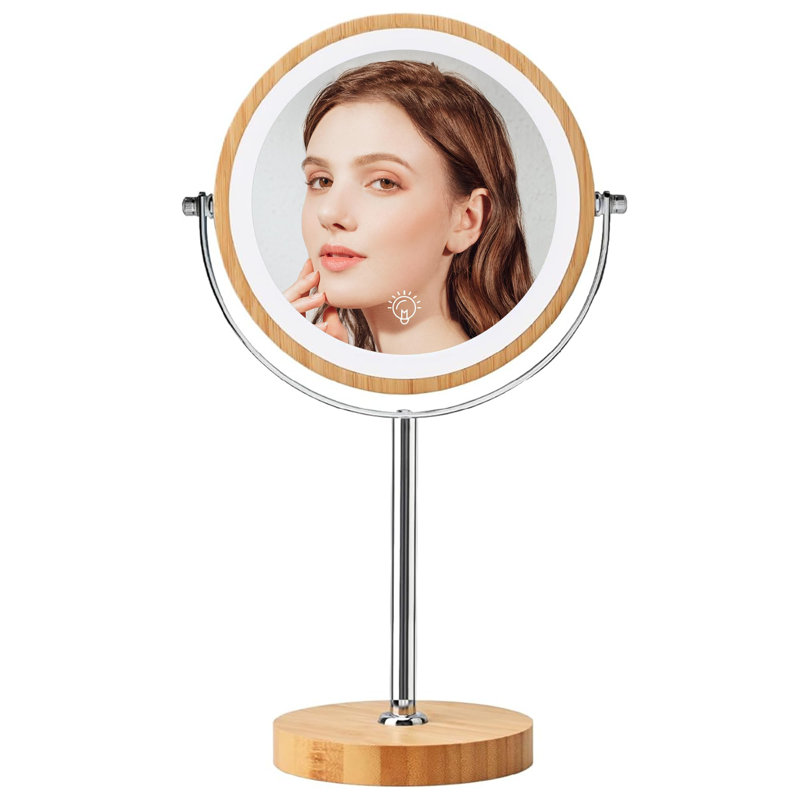 Lighted Makeup Mirror, Rechargeable 8" Bamboo Vanity Mirror, 1X/10X Magnifying Vanity Mirror With 3 Colours Dimmable Lightning, 360° Rotation Double Sided Cosmetic Light Up Mirror
