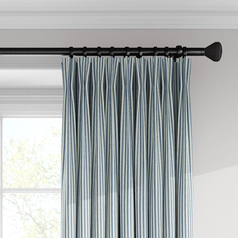 Ticking Stripe 100% Cotton Striped Room Darkening Pinch Pleat Single Curtain Panel, Indigo, 40" W x 120" L