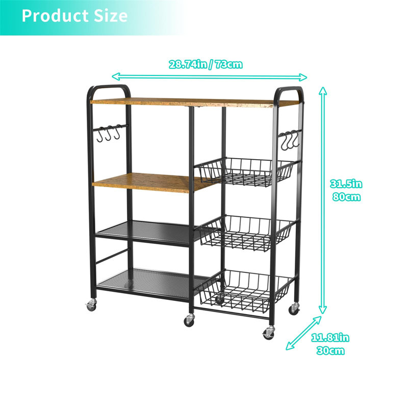 Tier Kitchen Storage Trolley With Pull-Out Baskets, Vegetable Rack With Wheels Rolling Storage Cart, Mobile Utility Serving Cart For Kitchen