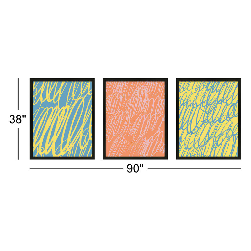 Color Squiggles Print by Jacques Pilon, Black Single Structure Framed Paper, 38" H x 90" W x 1.25" D