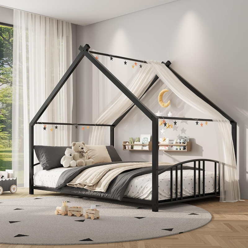Lit de sol pleine grandeur avec cadre de maison, Full, Black