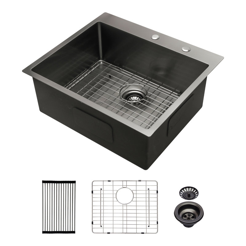 Évier de cuisine encastré 25 po x 22 po à cuve unique en acier inoxydable à cuve profonde noire de calibre 16