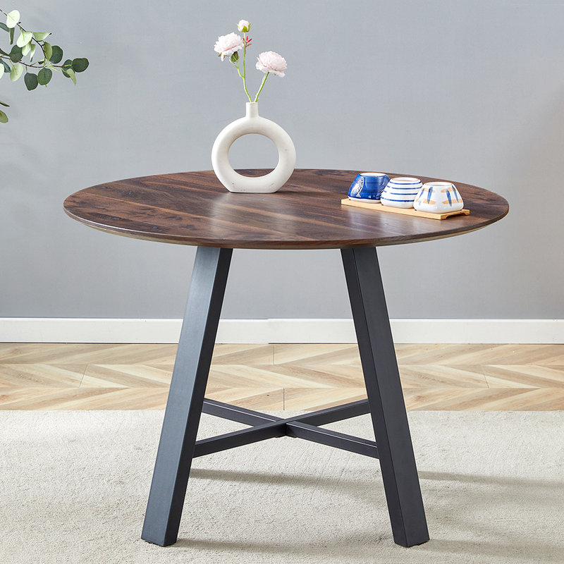 Modern Minimalist Round Multifunctional Table: 42 - Inch Diameter, MDF Tabletop With Deep Wood Grain, Black Metal Legs, Dual - Purpose As Dining & Coffee Table, Ideal For Home And Office Settings, Combining Style And Practicality
