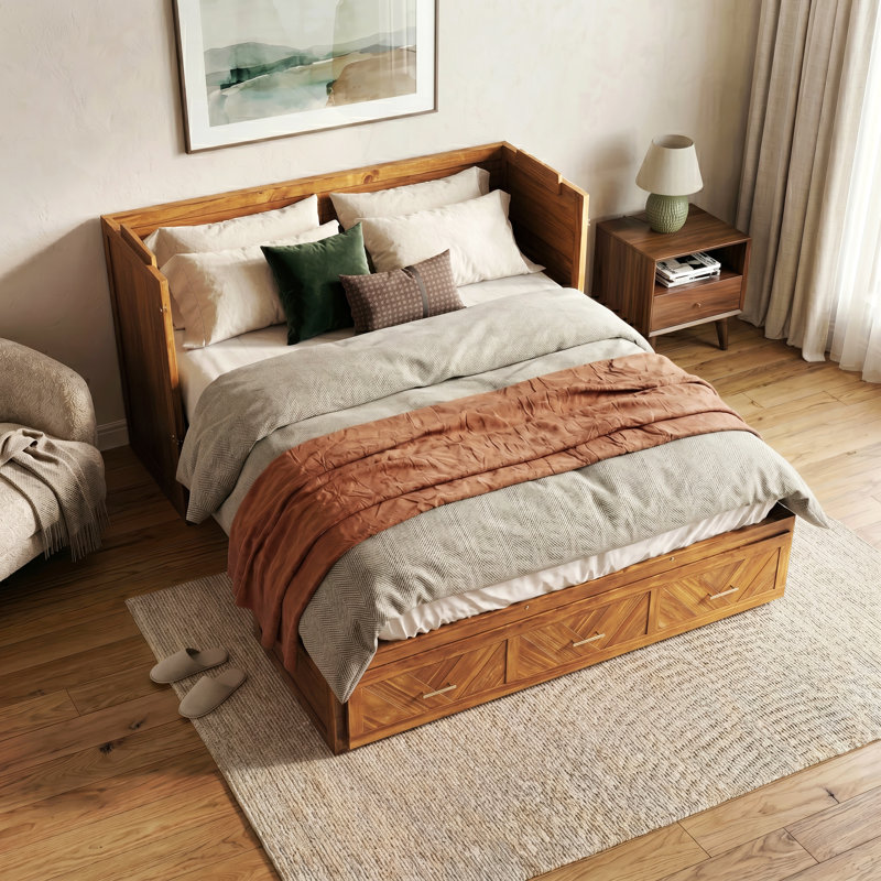 Grand lit escamotable avec station de charge USB, lit armoire pliable avec grand tiroir de rangement, Noyer