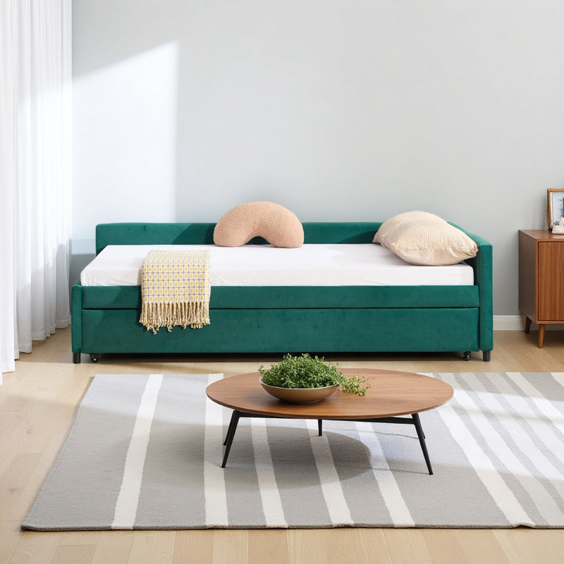 Upholstered Daybed With Trundle,Sturdy Wooden Bed Frame, Modern Diamond Grid Design,For Bedroom, Guest Room, Emerald