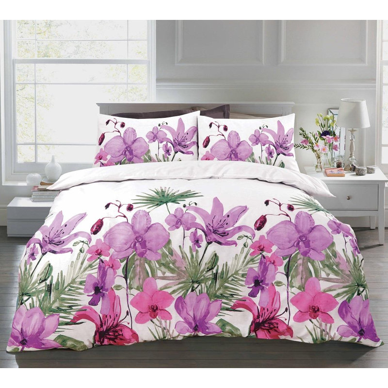 Cotton Blend Floral Duvet Cover Set with Pillowcases, Purple, Single Duvet Cover + 1 Standard Pillowcase
