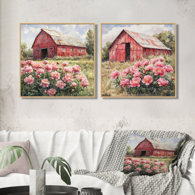 Pivoines par le tracteur Shed III - art mural pivoines - art mural traditionnel pour le salon 2 pièces