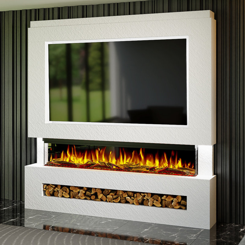 Evolution Fires Pre-Built Media Wall Package 7, finished in textured Venetian Plaster, includes Spectrum Series 72 Series 3-Sided Electric Fireplace