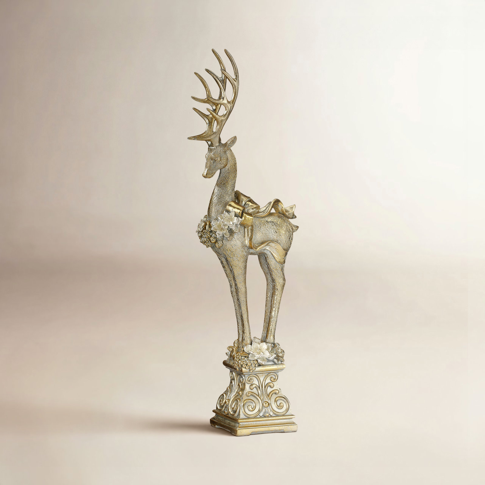 18" Resin Deer With Magnolia Garland Pedestal
