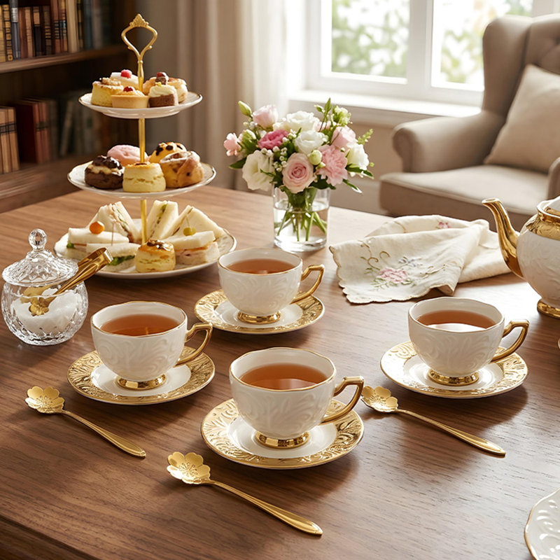 Ensemble de 6 tasses à café en céramique de qualité supérieure et soucoupes, tasses à café pour café au lait, moka, au lait, blanc, avec garniture dorée