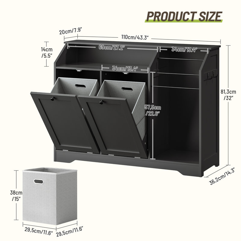 Double Tilt-Out Laundry Hamper Cabinet Hidden Laundry Hamper with 3 Towel Racks and 2x8.7 Gallon Baskets, Large capacity trash can