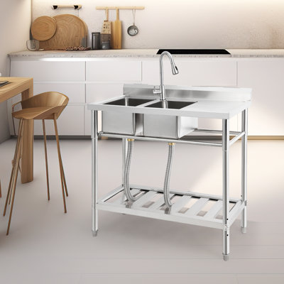 Évier utilitaire en acier inoxydable - Évier de cuisine commercial à double cuve avec robinet rétractable et tuyau d'eau froide