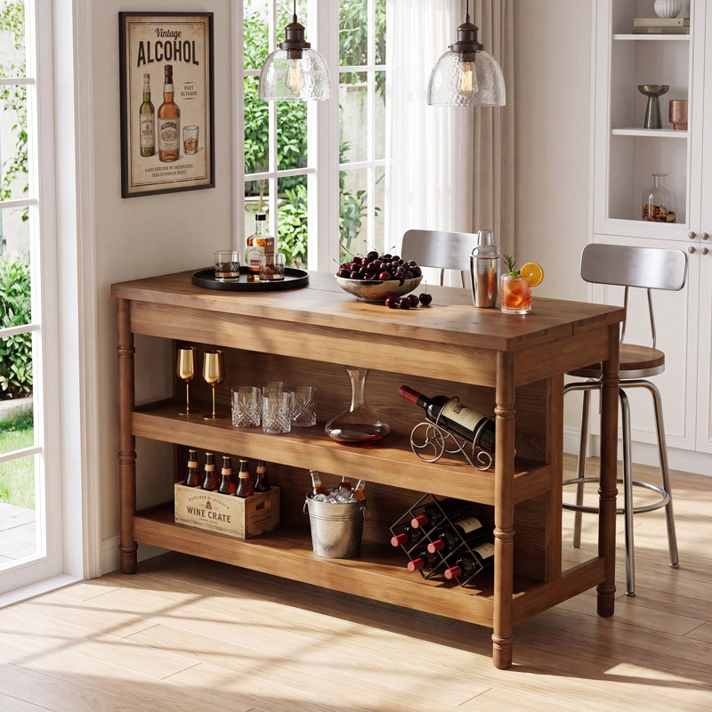 63" Solid Wood Counter Height Bar Table with Storage