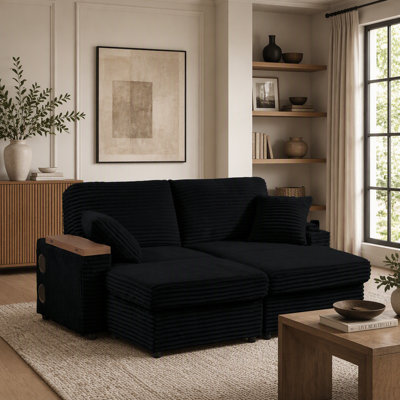 Double chaise longue avec deux repose-pieds avec rangement, canapé en velours côtelé avec porte-gobelets, port USB, espace de rangement et haut-parleur Bluetooth pour le salon et la chambre à coucher