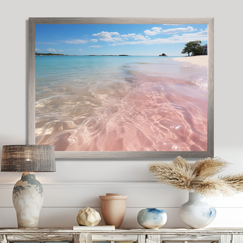 «Pink Sands Beach I - Coastal Beach», art mural, 34" H x 44" W, Black Picture Framed