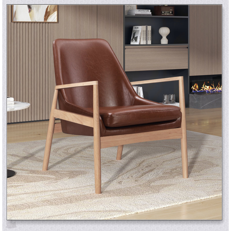 Chaise d'appoint en cuir PU U-Can, fauteuil de style Mid-Century moderne avec structure en bois massif, chaise de lecture avec dossier haut