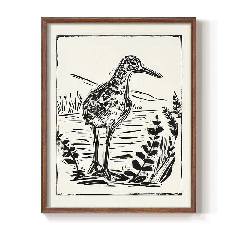 Linocut Style Seabird II, reproduction encadrée - bois massif, H 30 po x l 24 po, Noyer