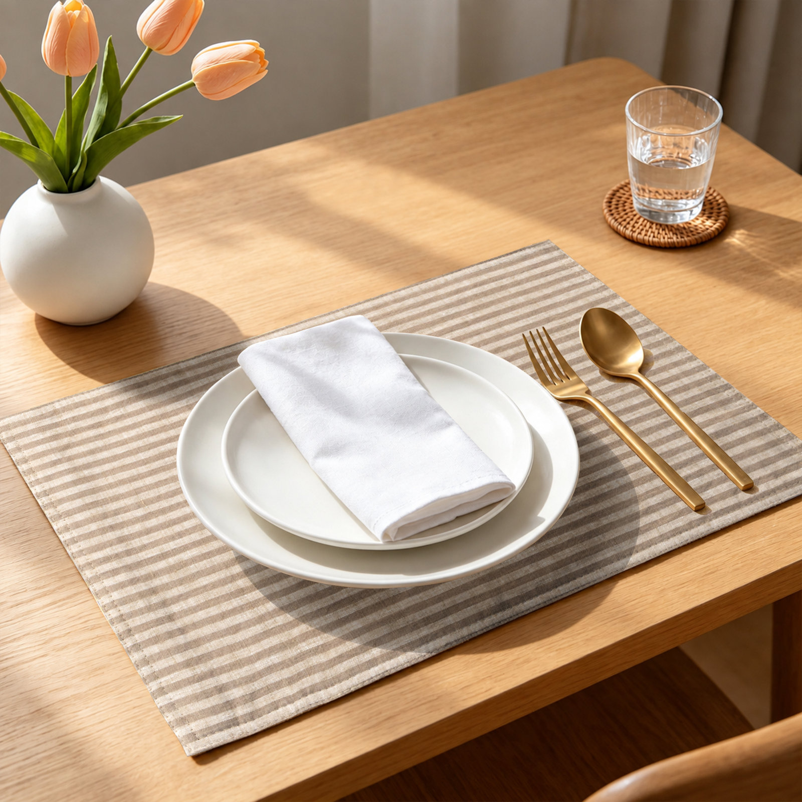 100% Linen Striped Placemat, Taupe