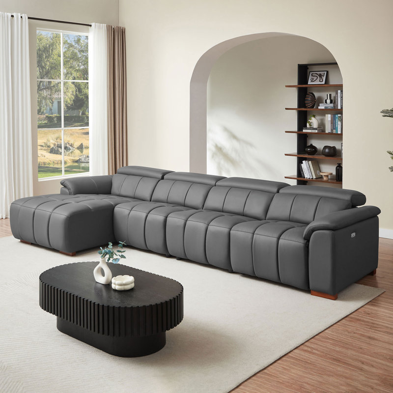 144.87" Genuine Leather Power Reclining Sectional With USB Port, Right Hand Facing, Dark Gray Genuine Leather