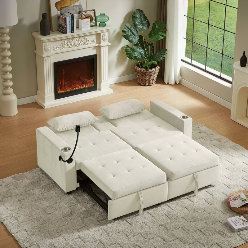 Canapé-lit en tissu beige avec design capitonné, charge USB et plusieurs positions réglables pour le confort et la commodité
