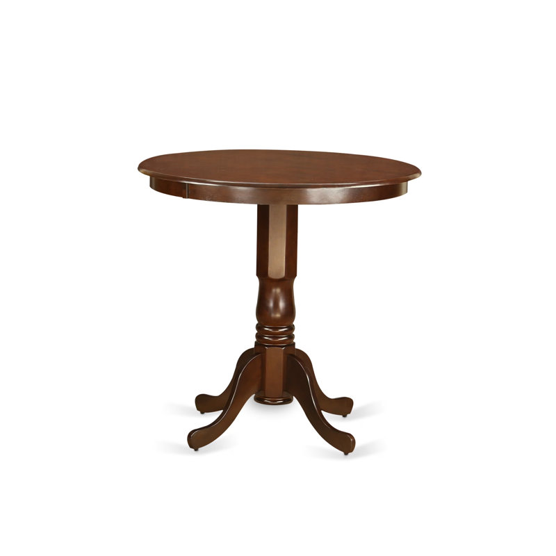 5 Piece Counter Height Dining Table Set Includes a Round Kitchen Table with Pedestal and 4 Linen Fabric Upholstered Dining Chairs, 36x36 Inch, Mahogany