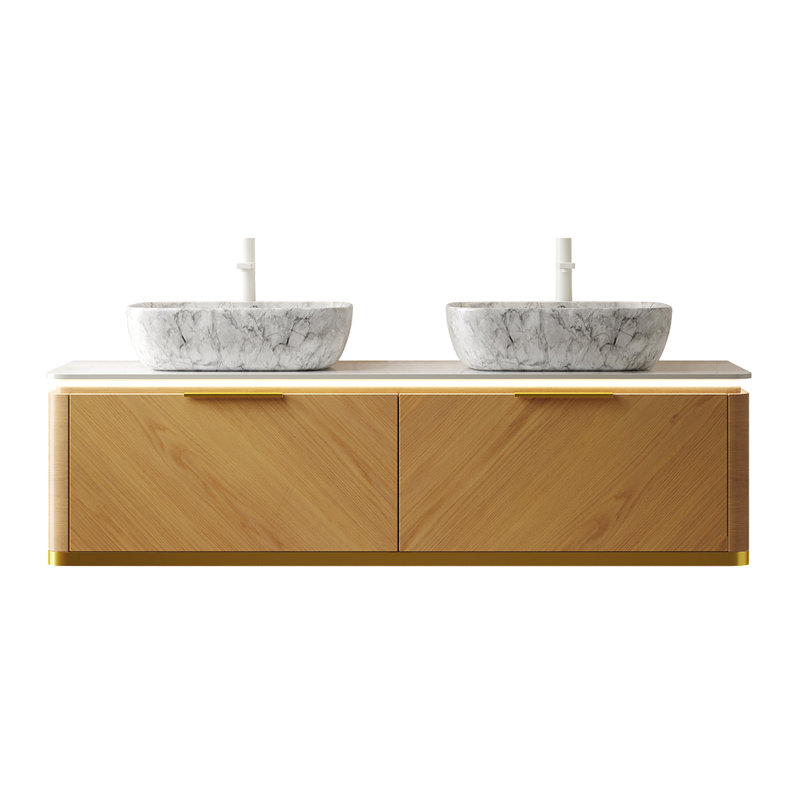 Meuble-lavabo de 60 po avec plateau en pierre frittée, 2 vasques en céramique à motif de marbre, armoire, capteur à tiroirs, système de tiroir à fermeture en douceur, lavabo de haute qualité, lavabos préassemblés, tiroirs,