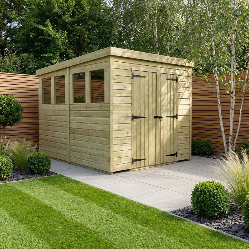 Total Sheds 6ft x 8ft Pent Garden Shed - Double Door - With Windows - Pressure Treated Timber - UK Manufactured