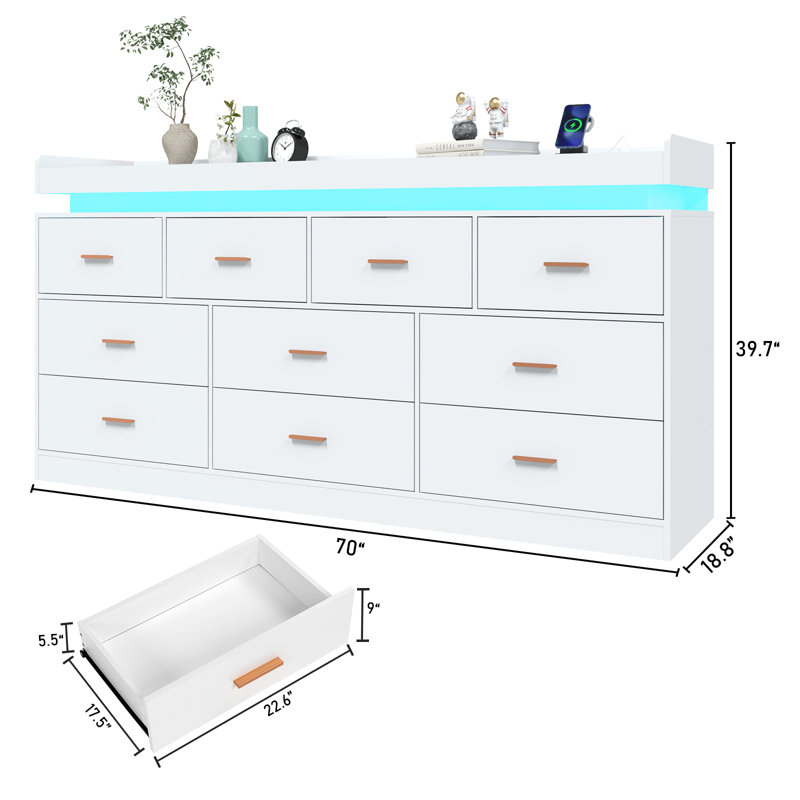 10 Drawer 70" W Dresser With LED Light, Sockets, USB Port, And Type-C Port, White