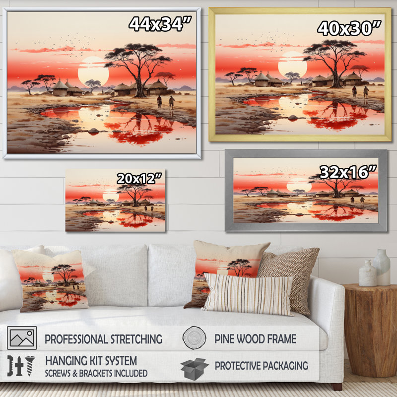 «Peach Grey African Village Visions I», reproduction sur toile, H 12 po x l 20 po x P 1 po, Cadre photo argenté