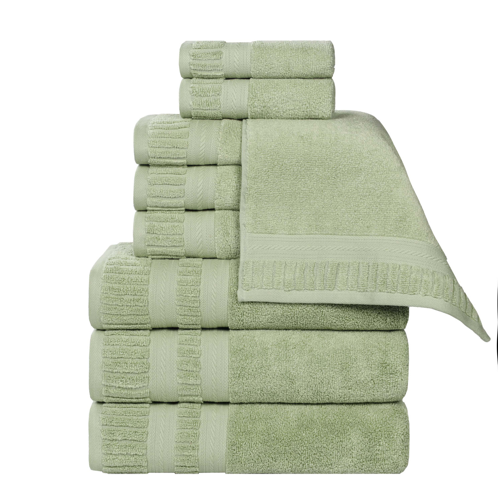 Zero-Twist Cotton Towel Set, Green, 9 Piece Towel Set