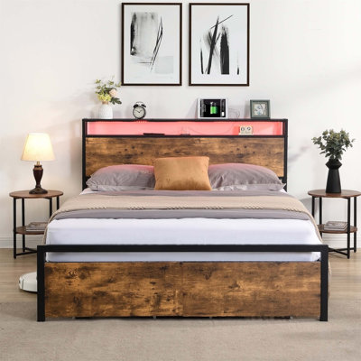 Hasson Borunda Bookcase Bed with 2 Drawers, LED Lights Bed with Charging Station