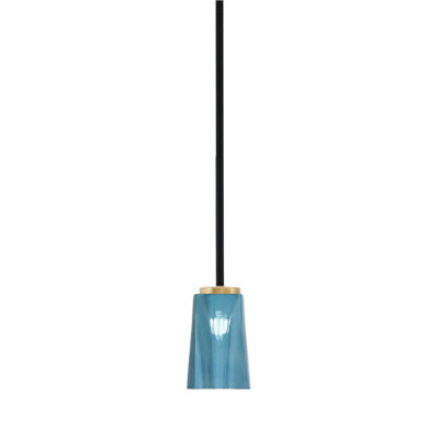 Suspension Anderson Stem Hung Mini présentée en finition noir mat et laiton New Age, avec verre fumé à bulles de 11,4 cm de largeur x 16,5 cm de hauteur.