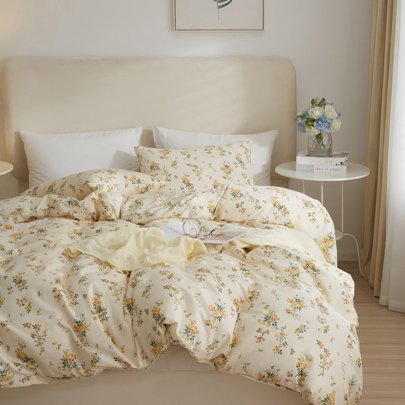  Ensemble de housse de couette en coton floral, Housse de couette très grand + 2 taies décorativ, Motif floral jaune