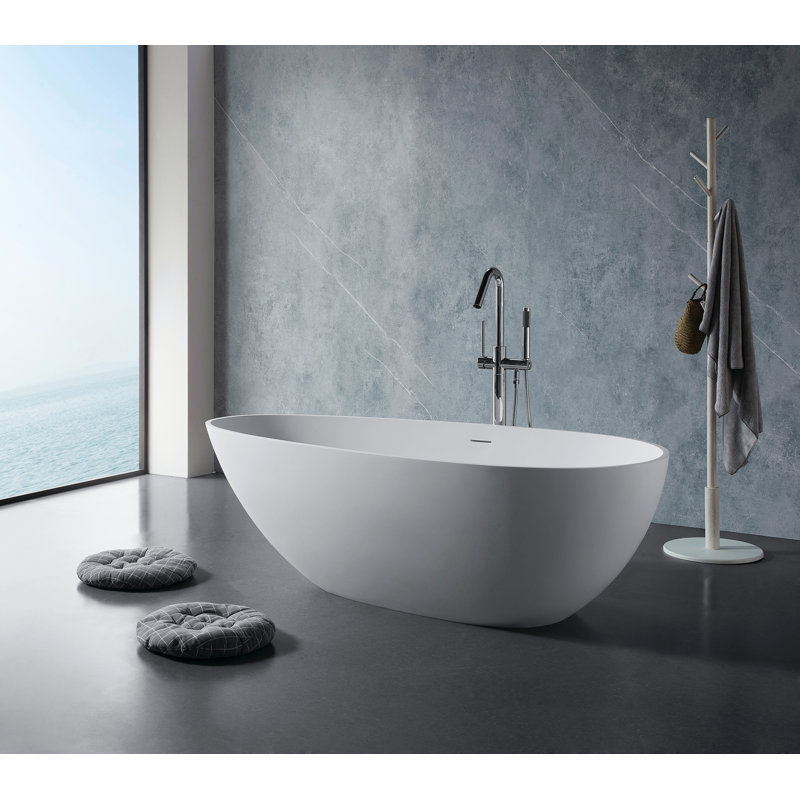 Baignoire autoportante de 67 po à surface solide, baignoire autoportante en résine d'ingénierie de luxe avec trop-plein et bonde escamotable pour salle de bain contemporaine, blanc mat