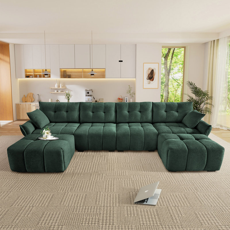 Dengler U-Shaped Chenille Tufted Sectional Sofa with 2 Ottomans & Pillows, Green Chenille, 141.7" W