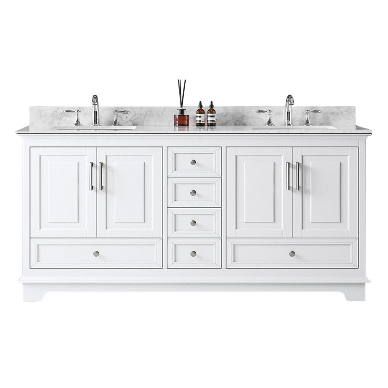 72'' White Double Bathroom Vanity with Carrara Marble Top