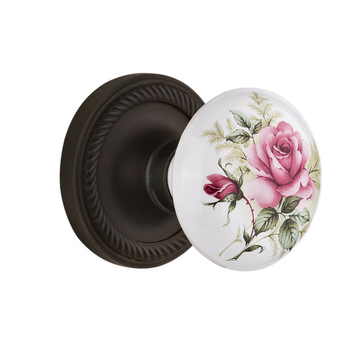 Rosette corde avec bouton de porte en porcelaine blanche, Bronze frotté à l'huile