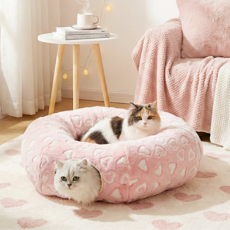 Tunnel pour chat en peluche transformable 3-en-1 avec lit pour chat d'intérieur - rose, rond, Rose, rond