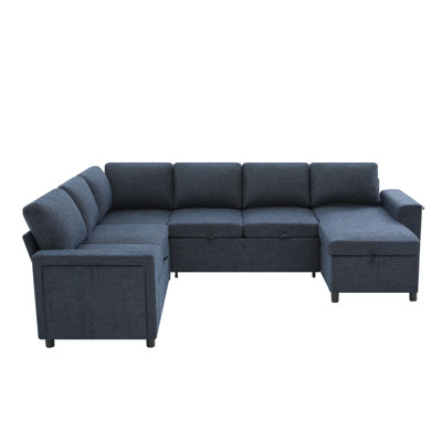 U-Shaped Sectional Sofa Bed With Storage, USB & Cup Holders