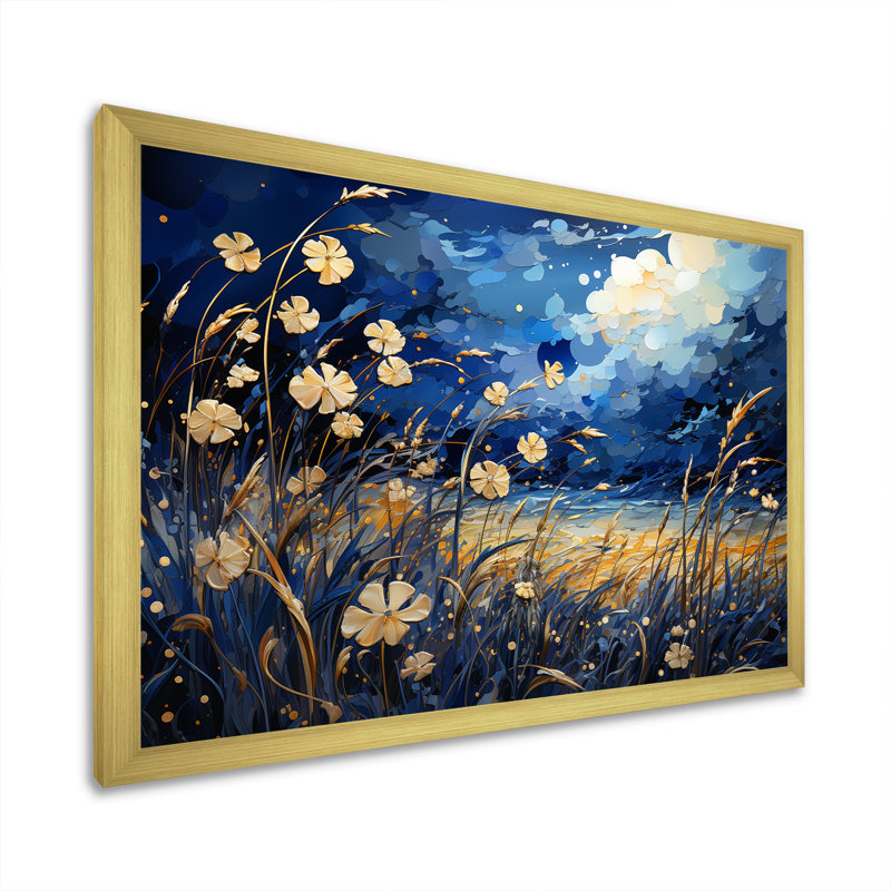 Coquelicots bleu marine - prairie, art mural, Cadre doré simple, H 30 po x l 40 po x P 1,5 po