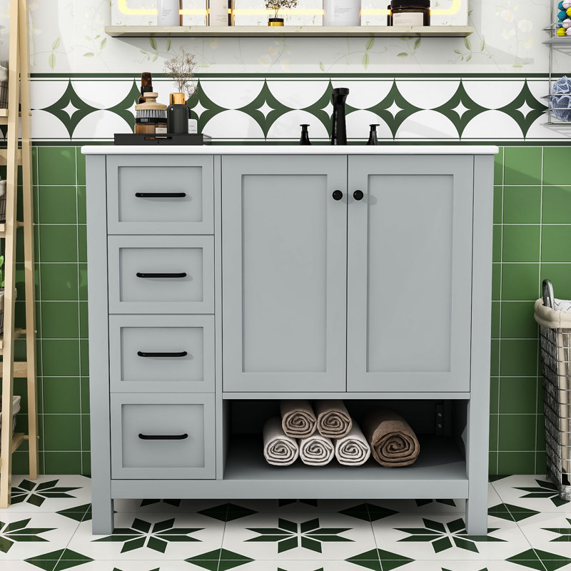Meuble-lavabo élégant 36 po avec lavabo, rangement fermé, Gris