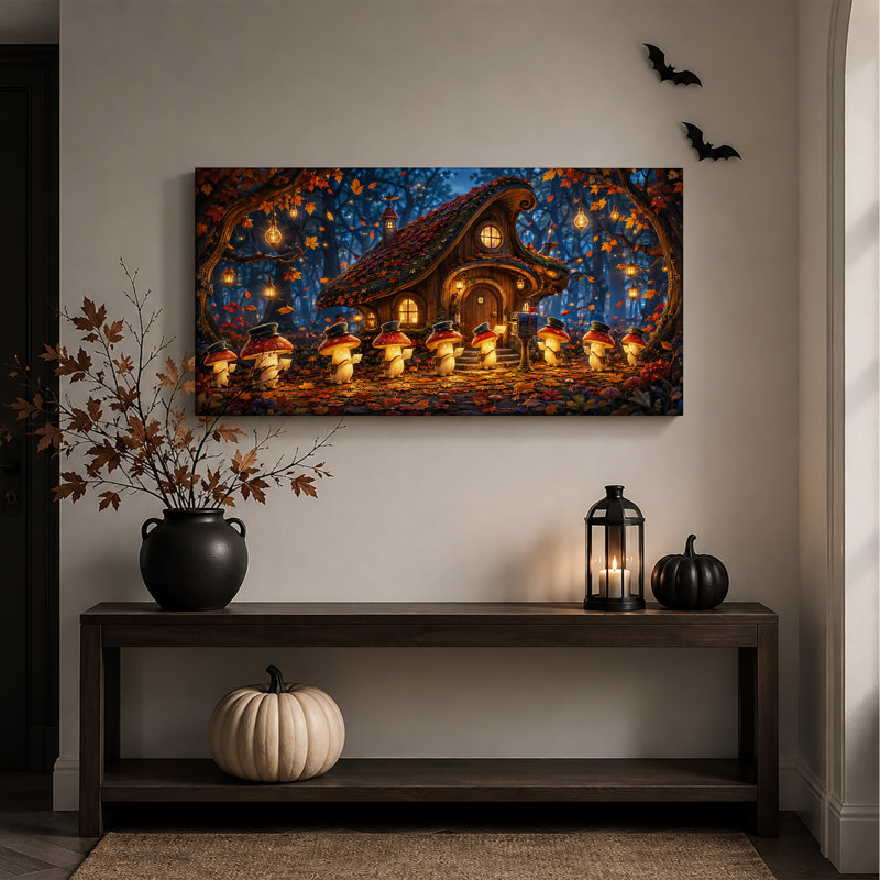" Mushroom Postmen Outside Curved Cottage in Autumn Halloween " Painting, L 32 po x H 16 po