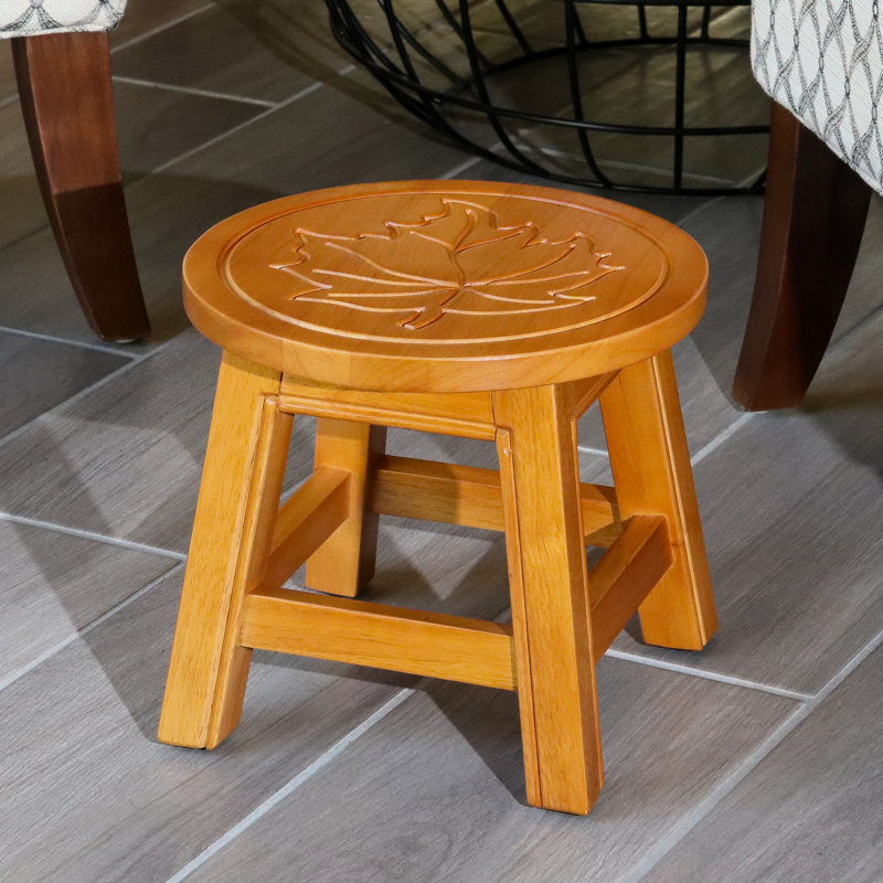 Wooden Step Stool With Maple Leaf Detail, Natural - For Daily Use Stool, Ideal Various Needs, Natural