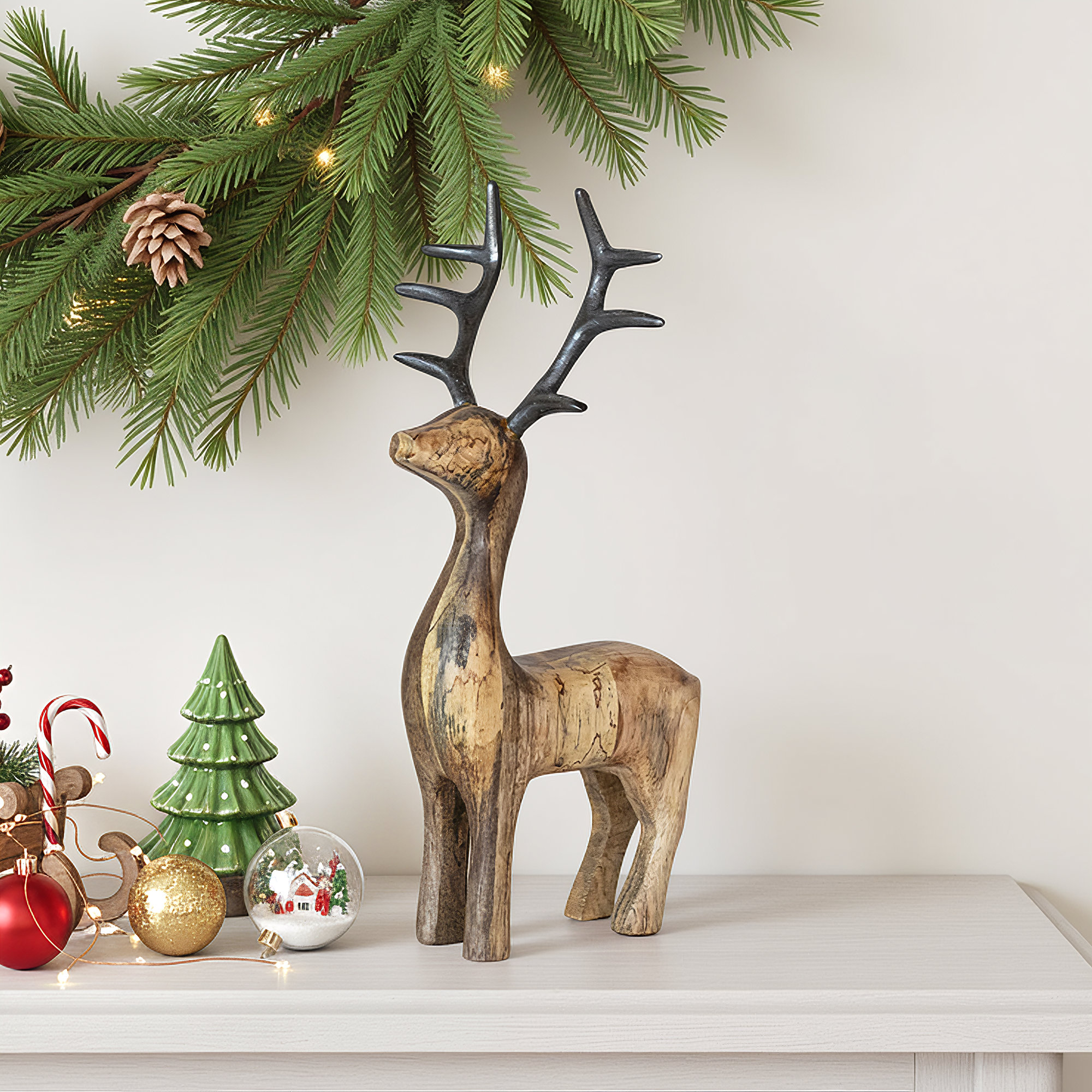 Mango Wood Standing Reindeer With Aluminum Antlers