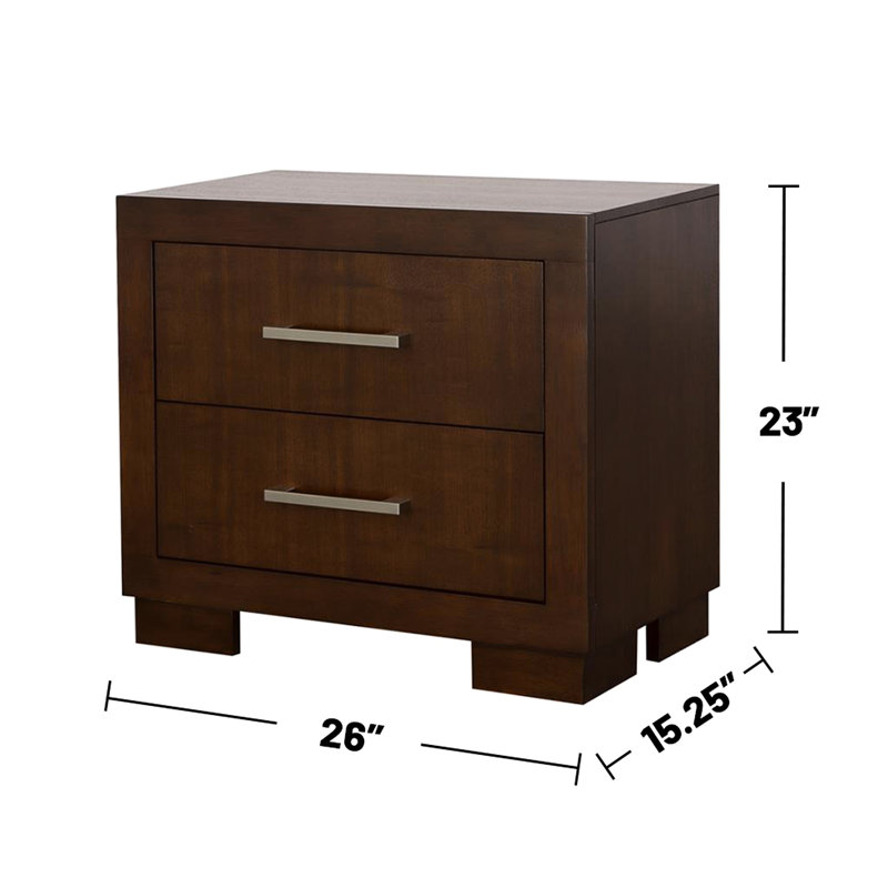 Table de chevet 2 tiroirs au fini cappuccino pour la chambre à coucher - fabrication de panneaux de particules avec poignées feutrées et ton argent foncé