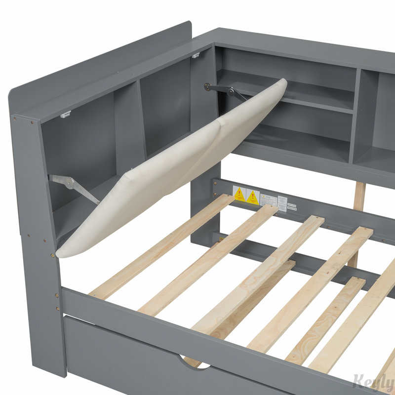 Lit plateforme en bois avec lit gigogne, gris, Simple