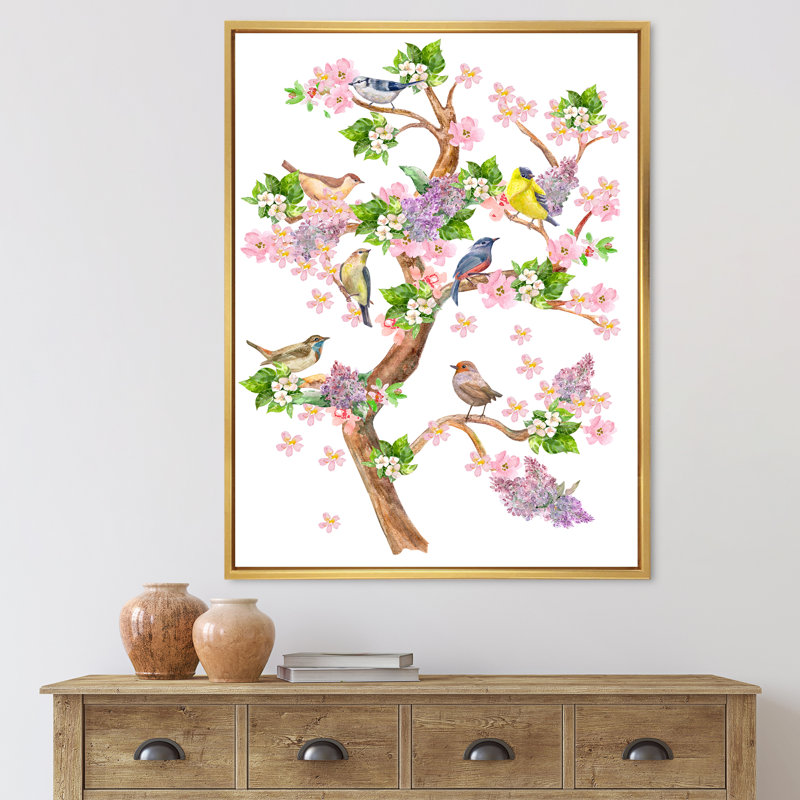 Arbre avec des oiseaux colorés sur des branches en fleurs - Impression sur toile, H 20 po x l 12 po x P 1po, Encadrement doré