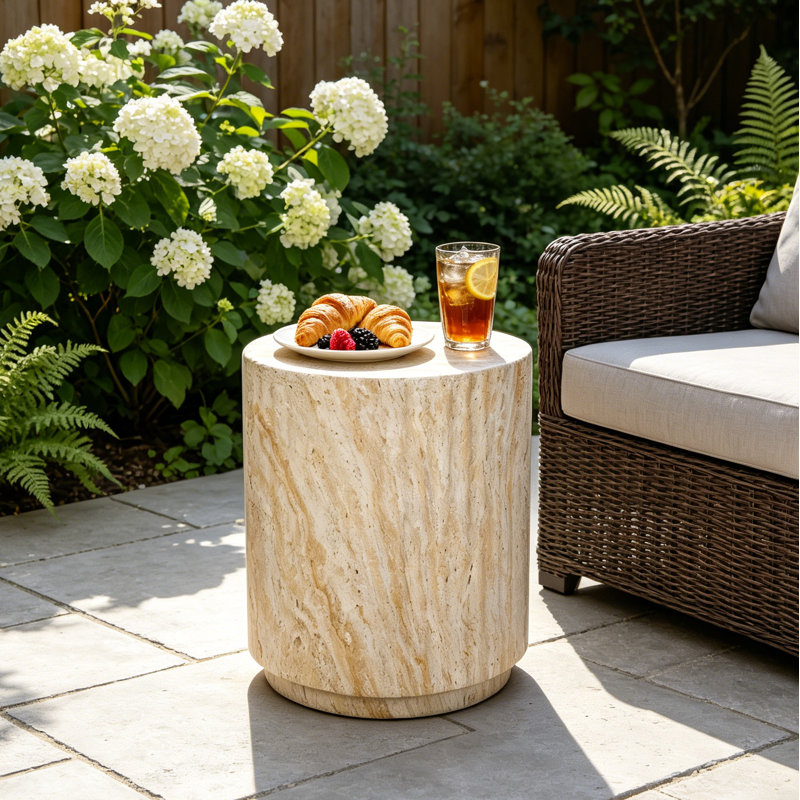 Table d'appoint d'extérieur, table d'appoint cylindrique MgO avec texture ondulée, Beige/Or