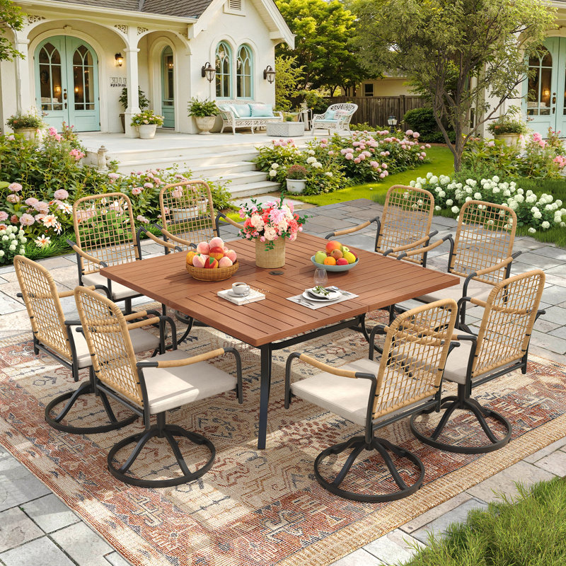 8-Person Square Outdoor Patio Dining Set With Swivel Armchair, Walnut